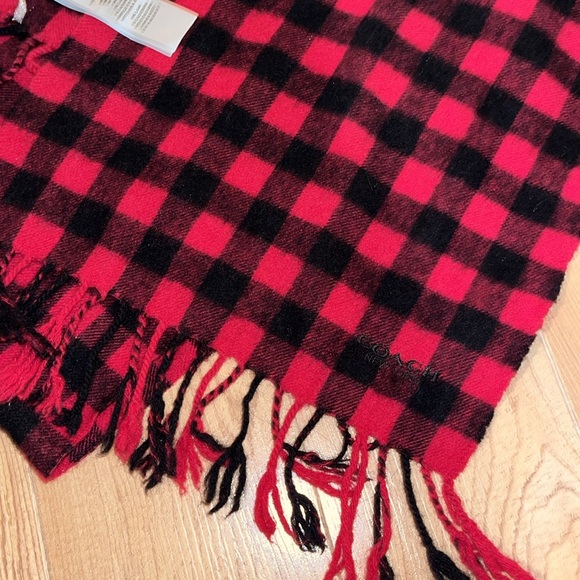 Coach Wool Cashmere Blend Buffalo Check Plaid Scarf Red Men's Preppy - Picture 2 of 4